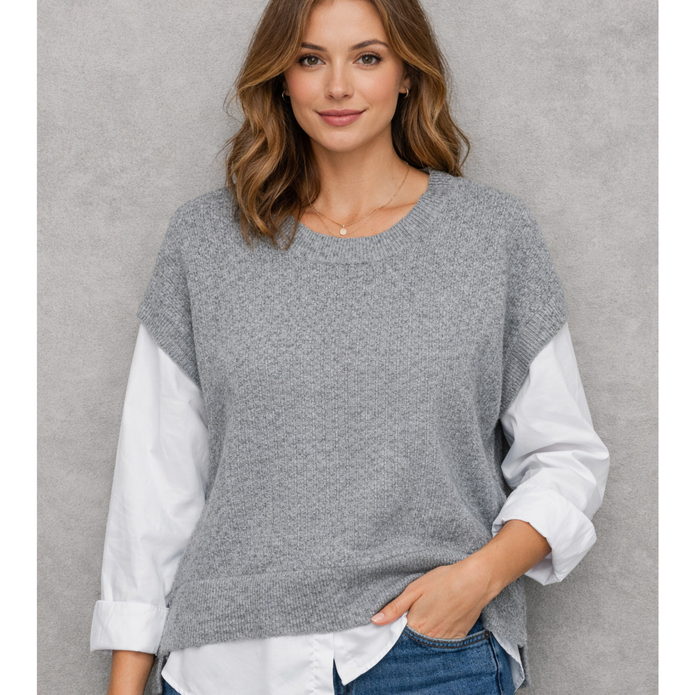 Ninety Clothing Co Sweater 1X Gray Ribbed Wool Blend Boxy w White Blouse Accents